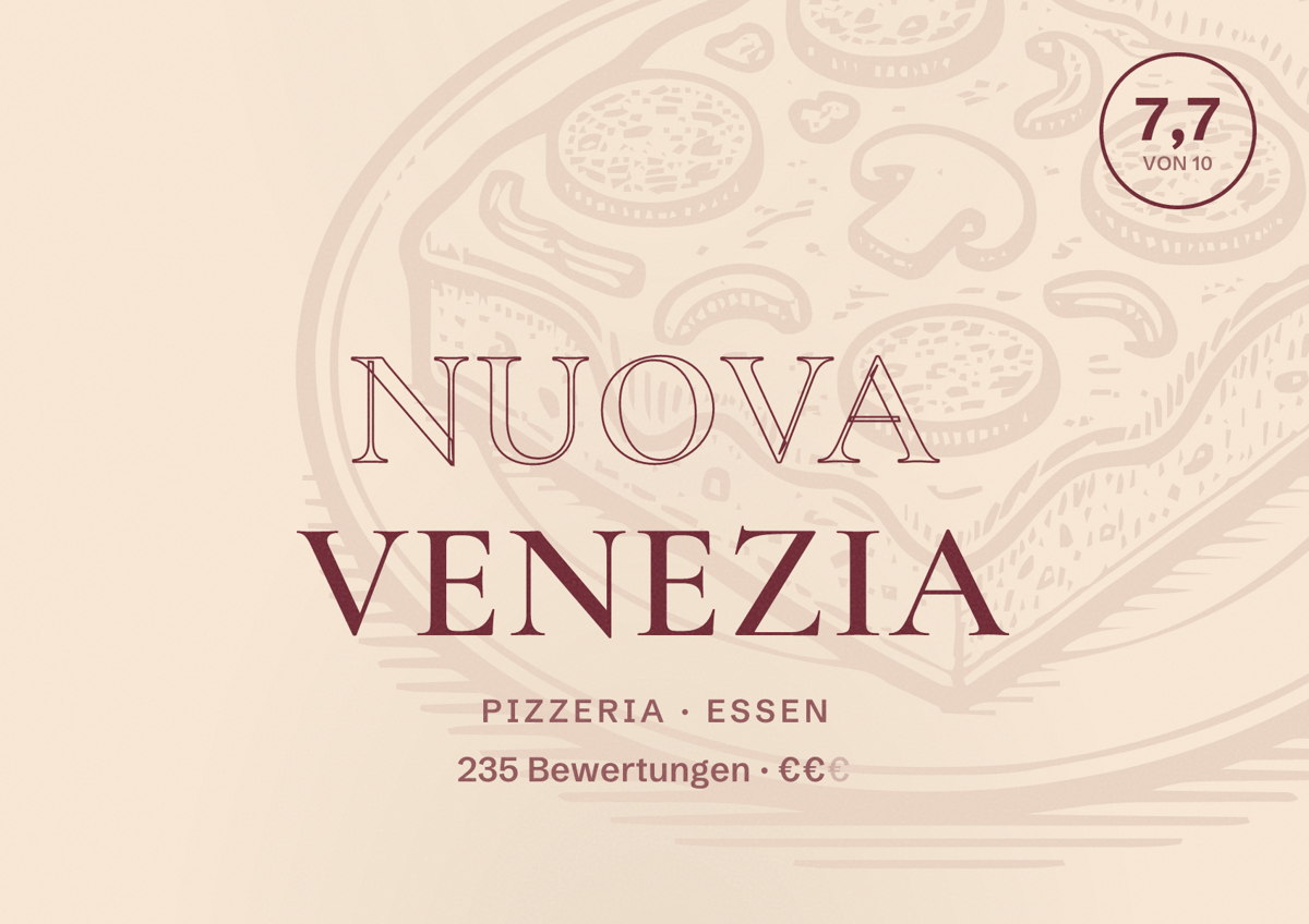 Illustriertes Poster von Nuova Venezia, Pizzeria in Essen: Bewertung 7,7 von 10 aus 235 Bewertungen, Preisniveau €€