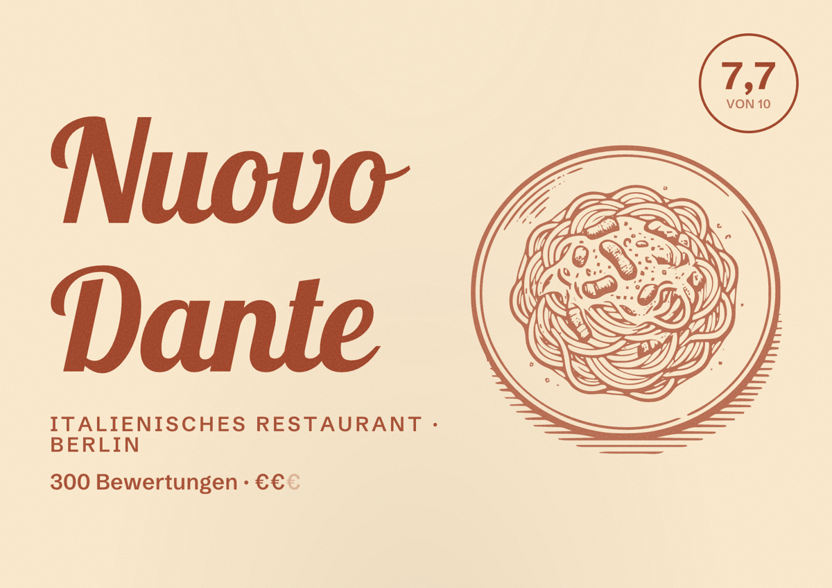 Illustriertes Poster von Nuovo Dante, Italienisches Restaurant in Berlin: Bewertung 7,7 von 10 aus 300 Bewertungen, Preisniveau €€