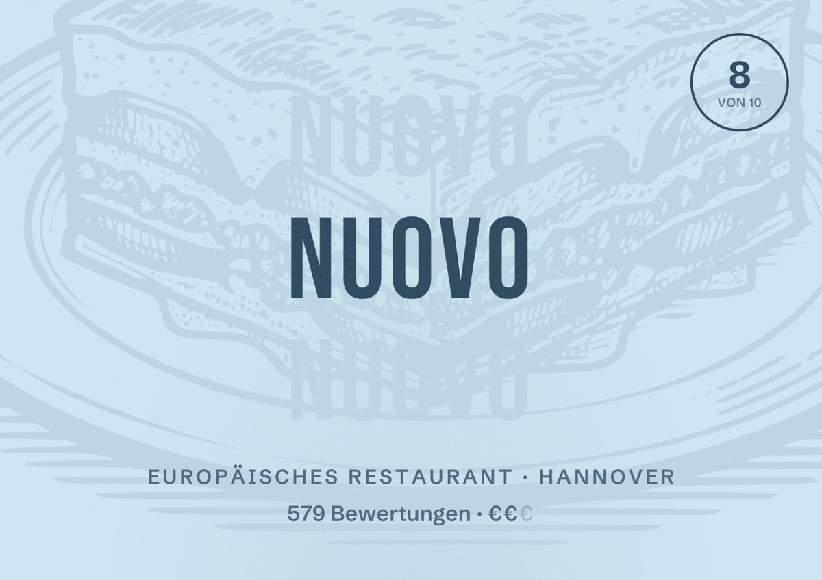 Illustriertes Poster von NUOVO, Europäisches Restaurant in Hannover: Bewertung 8,0 von 10 aus 579 Bewertungen, Preisniveau €€