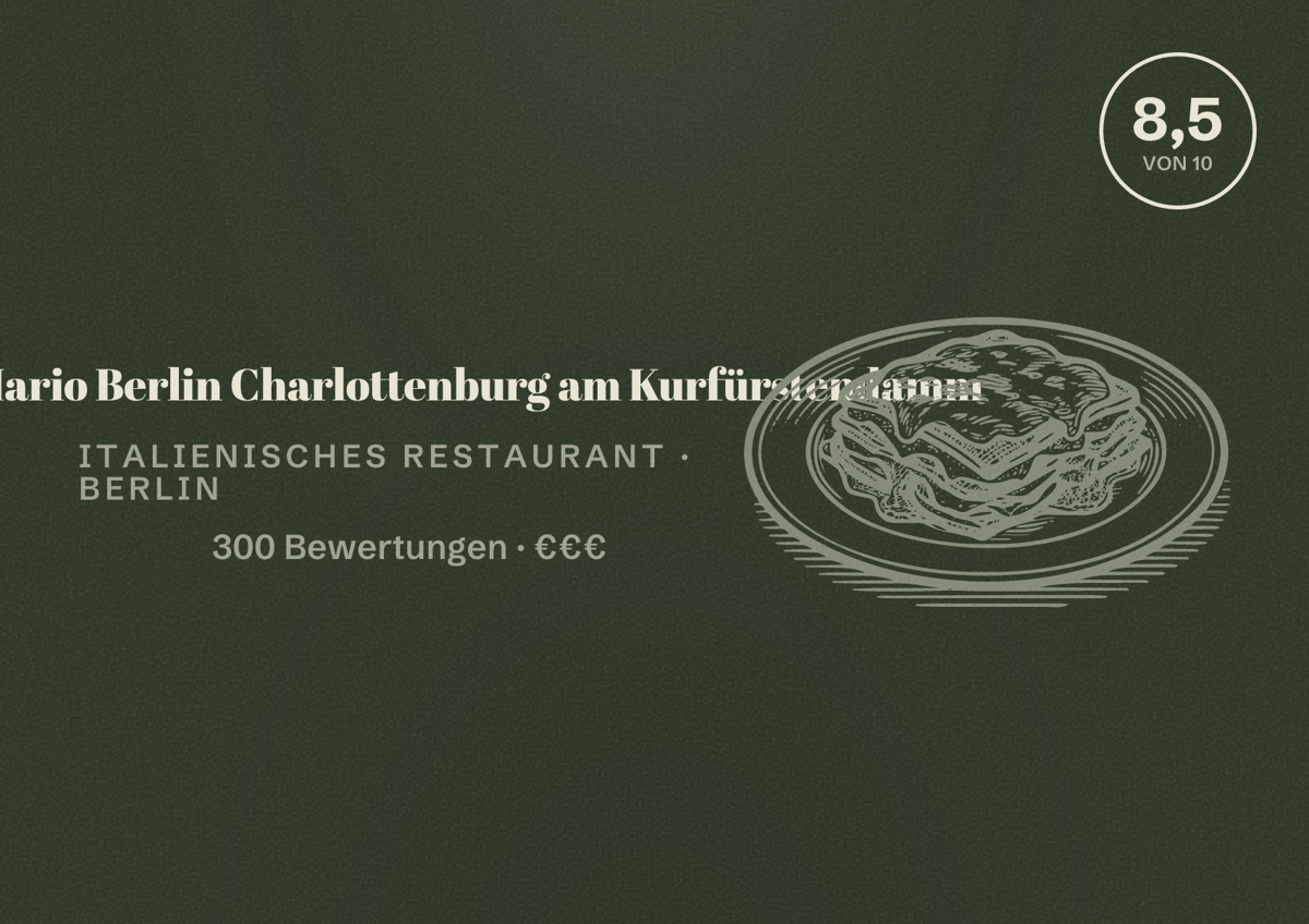 Illustriertes Poster von Nuovo Mario Berlin Charlottenburg am Kurfürstendamm, Italienisches Restaurant in Berlin: Bewertung 8,5 von 10 aus 300 Bewertungen, Preisniveau €€€
