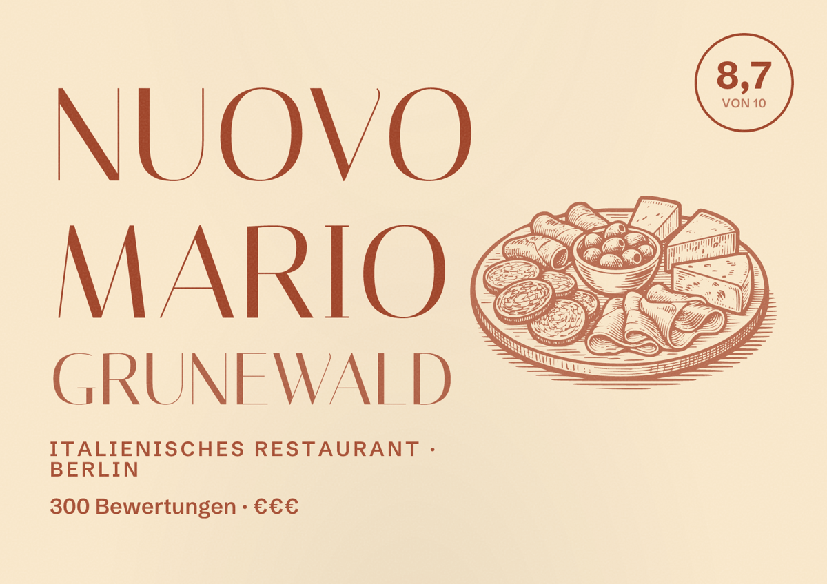 Illustriertes Poster von Nuovo Mario Grunewald, Italienisches Restaurant in Berlin: Bewertung 8,7 von 10 aus 300 Bewertungen, Preisniveau €€€