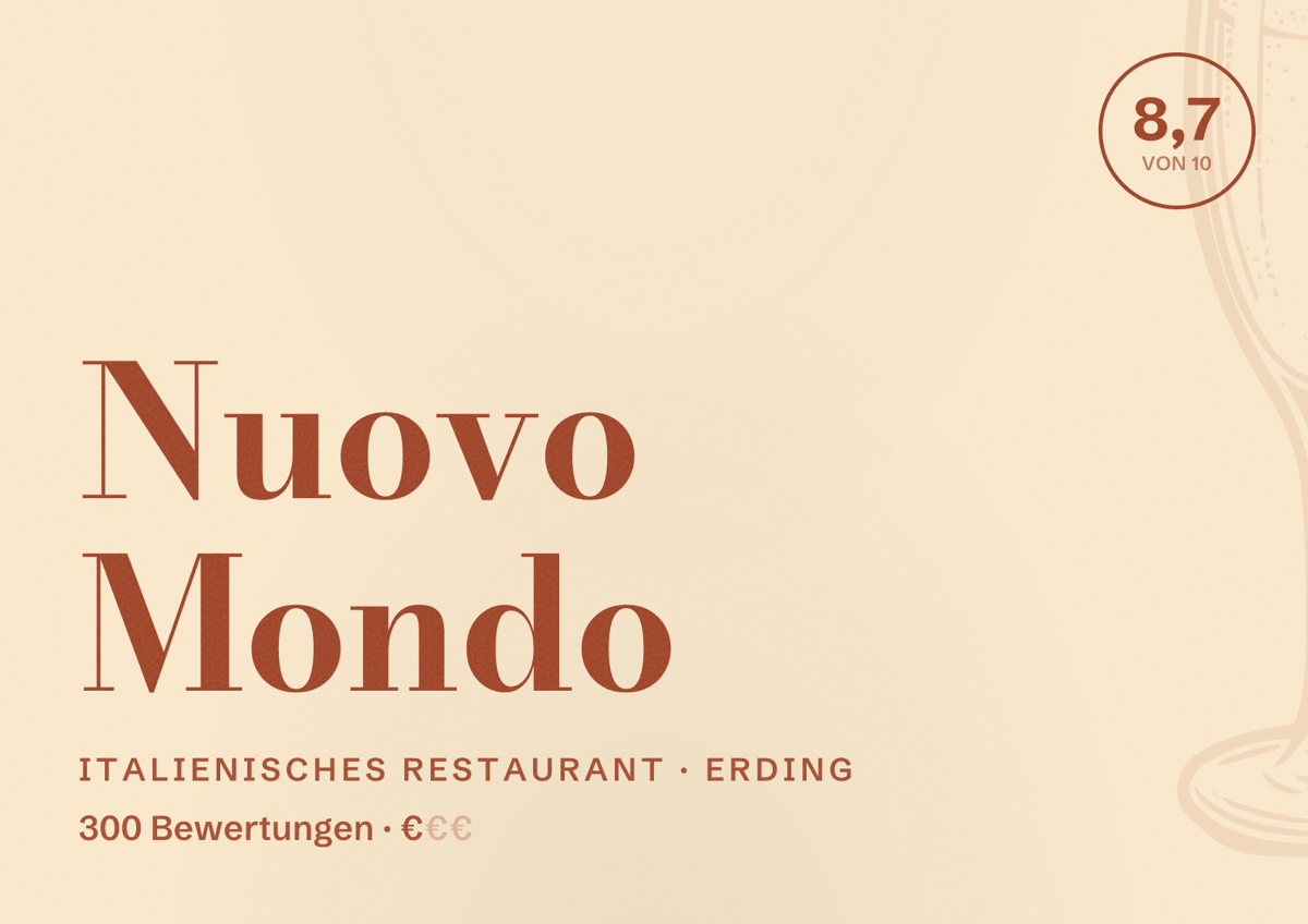 Illustriertes Poster von Nuovo Mondo, Italienisches Restaurant in Erding: Bewertung 8,7 von 10 aus 300 Bewertungen, Preisniveau €