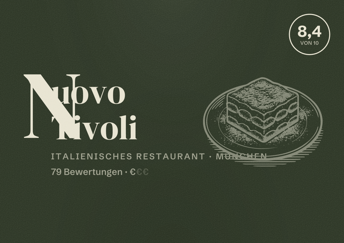 Illustriertes Poster von Nuovo Tivoli, Italienisches Restaurant in München: Bewertung 8,4 von 10 aus 79 Bewertungen, Preisniveau €