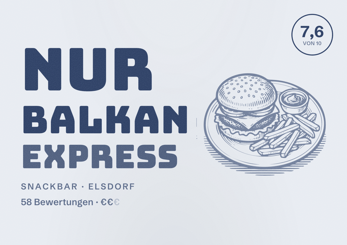 Illustriertes Poster von Nur Balkan Express, Snackbar in Elsdorf: Bewertung 7,6 von 10 aus 58 Bewertungen, Preisniveau €€