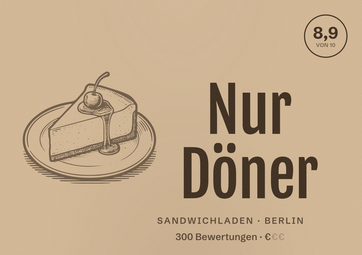 Illustriertes Poster von Nur Döner, Sandwichladen in Berlin: Bewertung 8,9 von 10 aus 300 Bewertungen, Preisniveau €