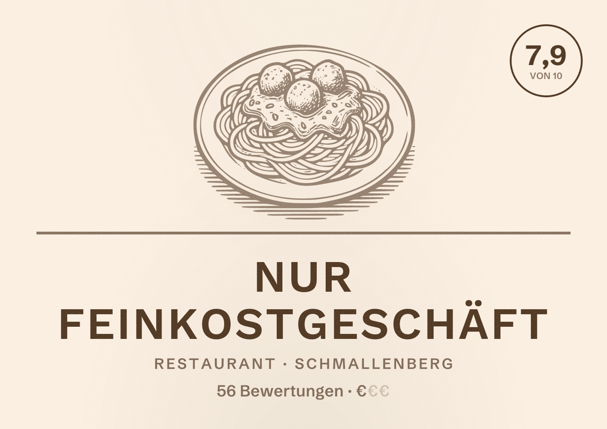 Illustriertes Poster von Nur Feinkostgeschäft, Restaurant in Schmallenberg: Bewertung 7,9 von 10 aus 56 Bewertungen, Preisniveau €