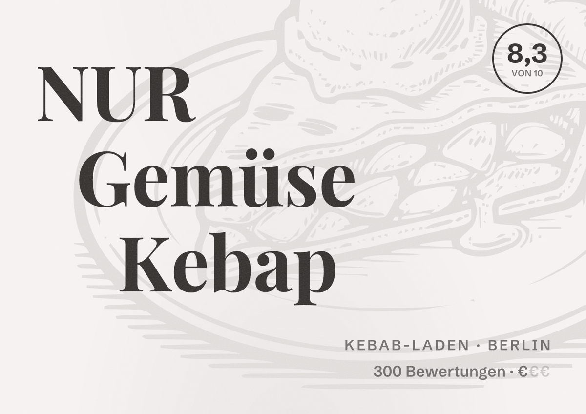 Illustriertes Poster von NUR Gemüse Kebap, Kebab-Laden in Berlin: Bewertung 8,3 von 10 aus 300 Bewertungen, Preisniveau €