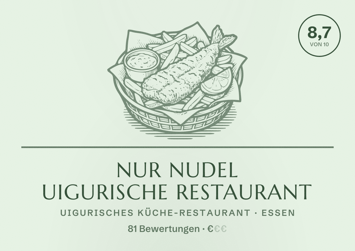 Illustriertes Poster von NUR Nudel Uigurische Restaurant, Uigurisches Küche-Restaurant in Essen: Bewertung 8,7 von 10 aus 81 Bewertungen, Preisniveau €