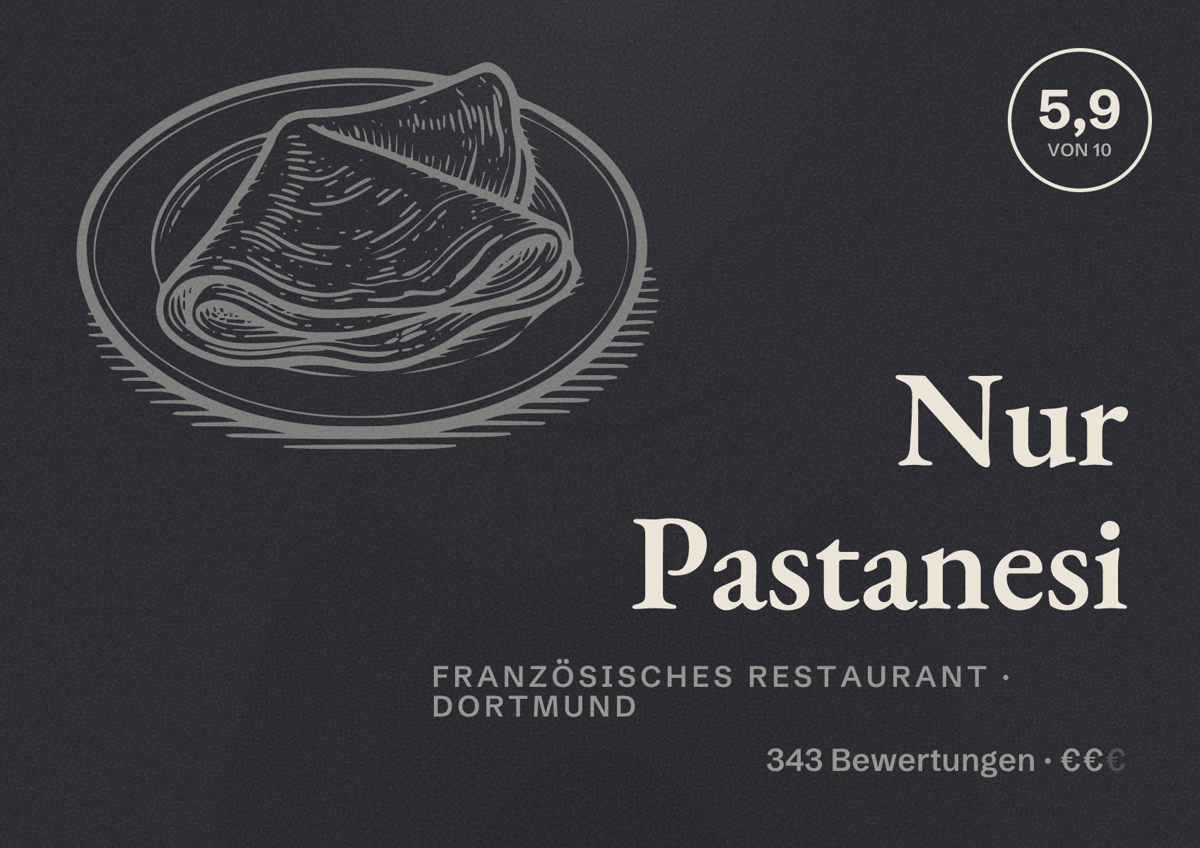Illustriertes Poster von Nur Pastanesi, Französisches Restaurant in Dortmund: Bewertung 5,9 von 10 aus 343 Bewertungen, Preisniveau €€