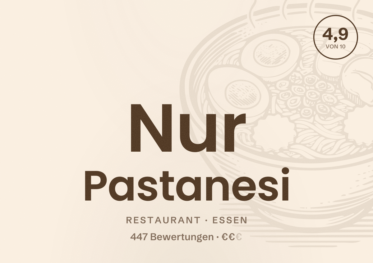 Illustriertes Poster von Nur Pastanesi, Restaurant in Essen: Bewertung 4,9 von 10 aus 447 Bewertungen, Preisniveau €€