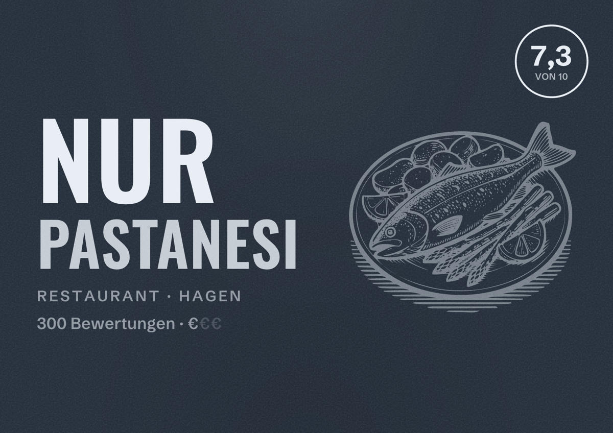 Illustriertes Poster von Nur Pastanesi, Restaurant in Hagen: Bewertung 7,3 von 10 aus 300 Bewertungen, Preisniveau €