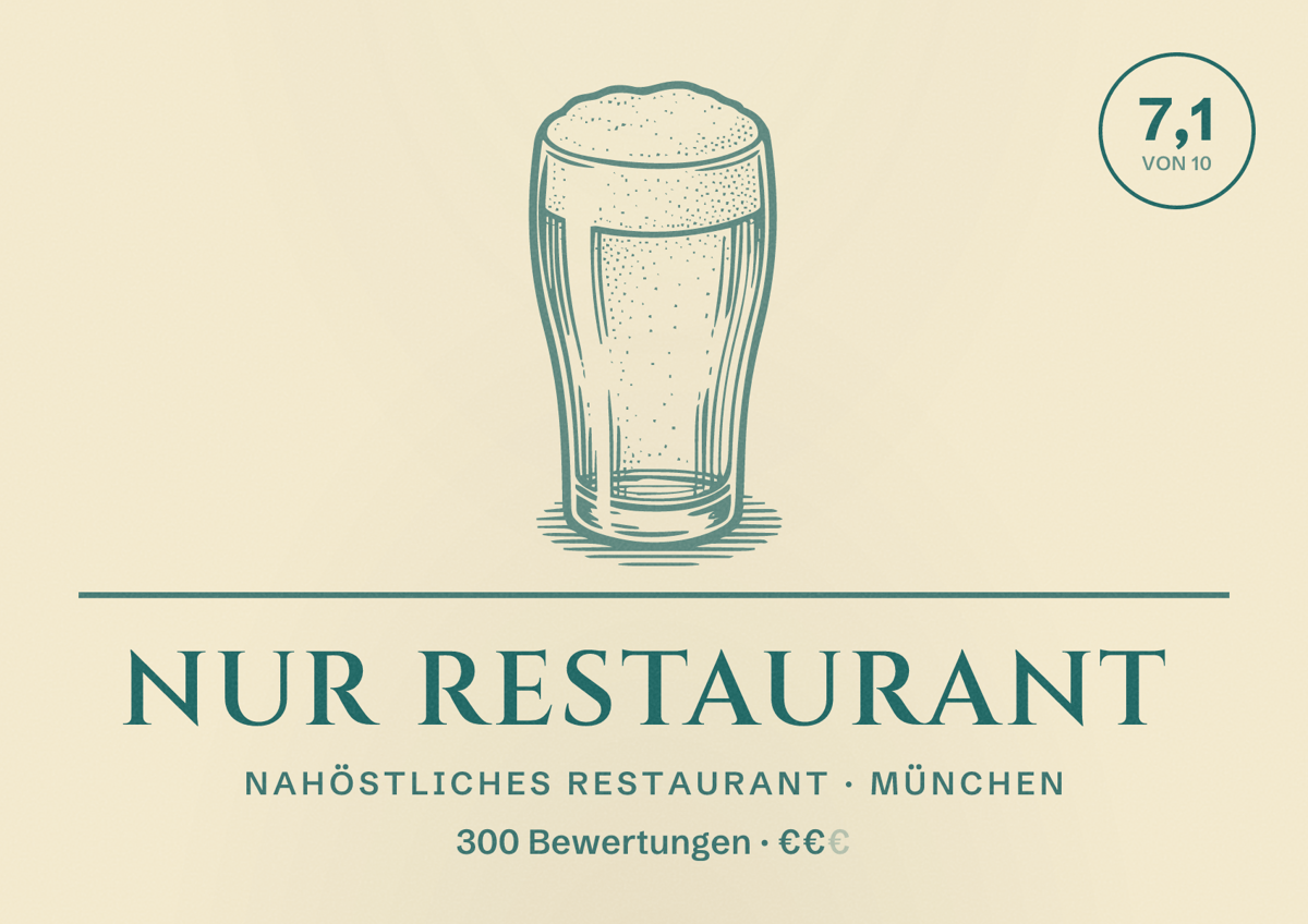 Illustriertes Poster von Nur Restaurant, Nahöstliches Restaurant in München: Bewertung 7,1 von 10 aus 300 Bewertungen, Preisniveau €€