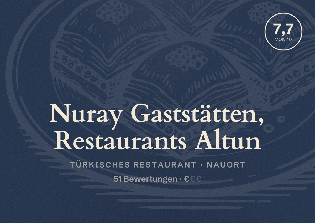 Illustriertes Poster von Nuray Gaststätten, Restaurants Altun, Türkisches Restaurant in Nauort: Bewertung 7,7 von 10 aus 51 Bewertungen, Preisniveau €