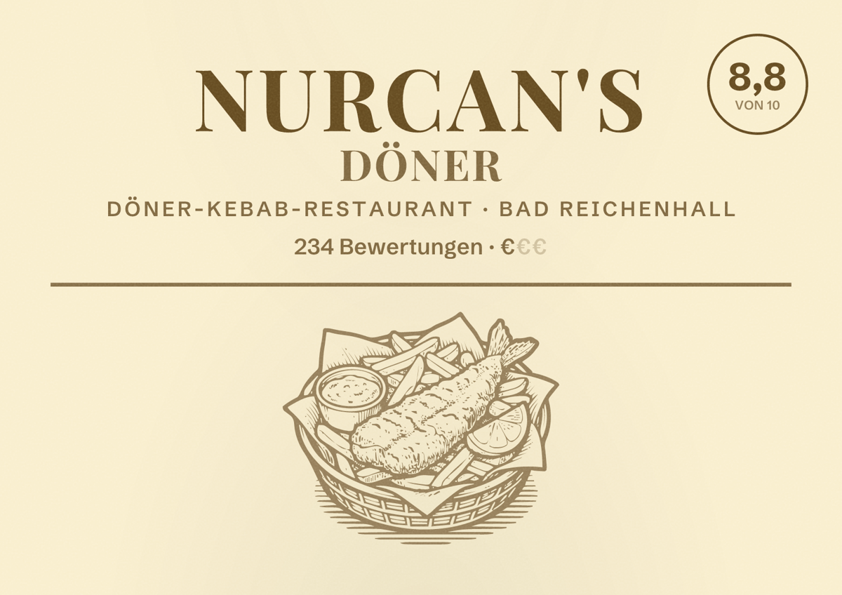 Illustriertes Poster von NURCAN'S DÖNER, Döner-Kebab-Restaurant in Bad Reichenhall: Bewertung 8,8 von 10 aus 234 Bewertungen, Preisniveau €