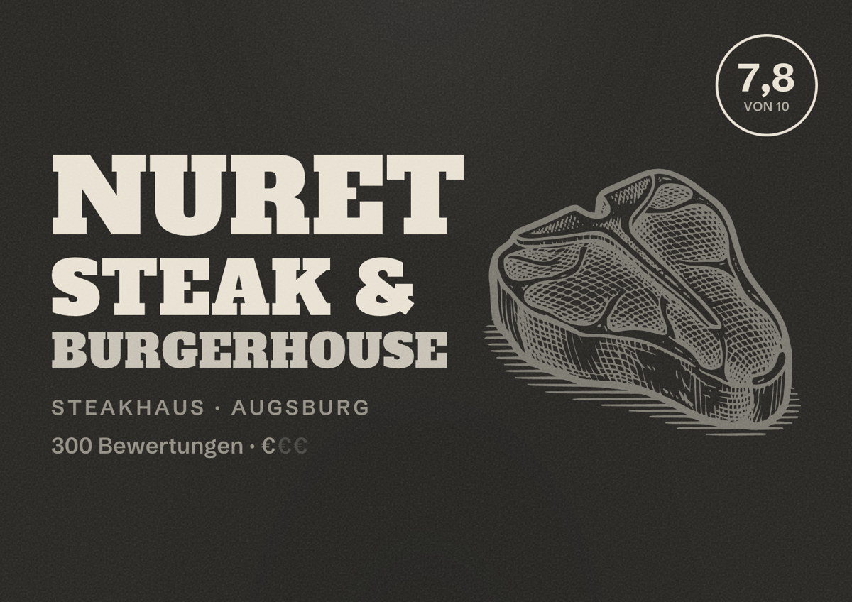 Illustriertes Poster von NurET Steak & Burgerhouse, Steakhaus in Augsburg: Bewertung 7,8 von 10 aus 300 Bewertungen, Preisniveau €