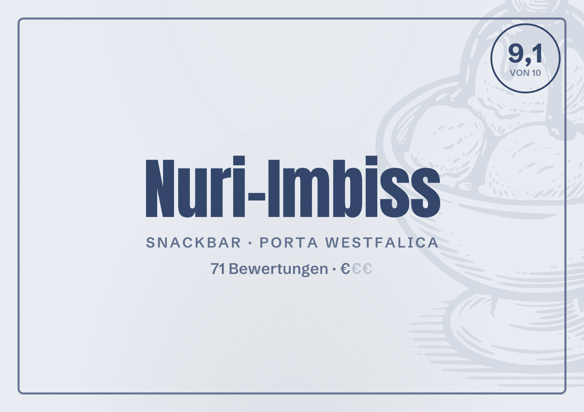 Illustriertes Poster von Nuri-Imbiss, Snackbar in Porta Westfalica: Bewertung 9,1 von 10 aus 71 Bewertungen, Preisniveau €