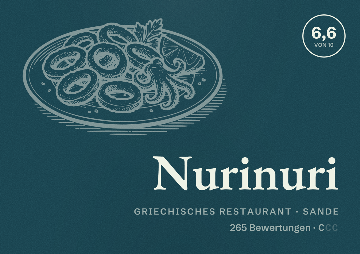Illustriertes Poster von Nurinuri, Griechisches Restaurant in Sande: Bewertung 6,6 von 10 aus 265 Bewertungen, Preisniveau €