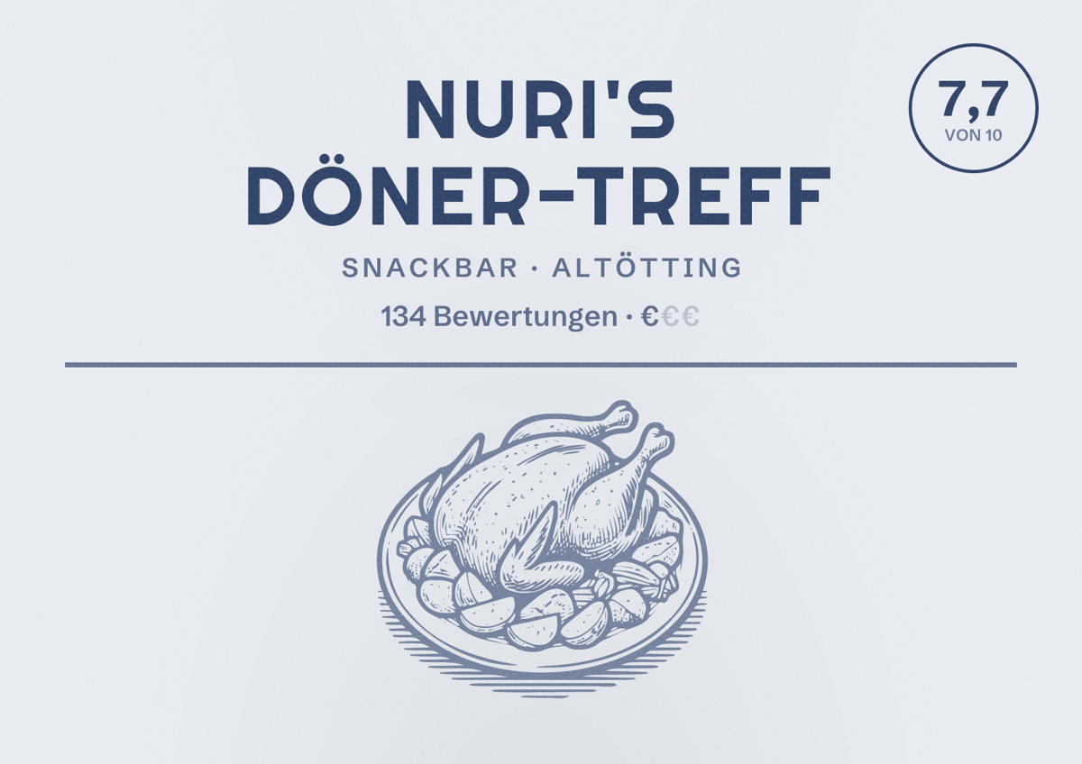 Illustriertes Poster von Nuri's Döner-Treff, Snackbar in Altötting: Bewertung 7,7 von 10 aus 134 Bewertungen, Preisniveau €