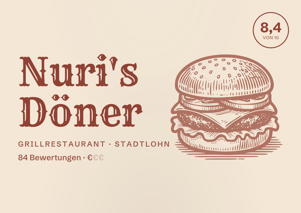 Illustriertes Poster von Nuri's Döner, Grillrestaurant in Stadtlohn: Bewertung 8,4 von 10 aus 84 Bewertungen, Preisniveau €