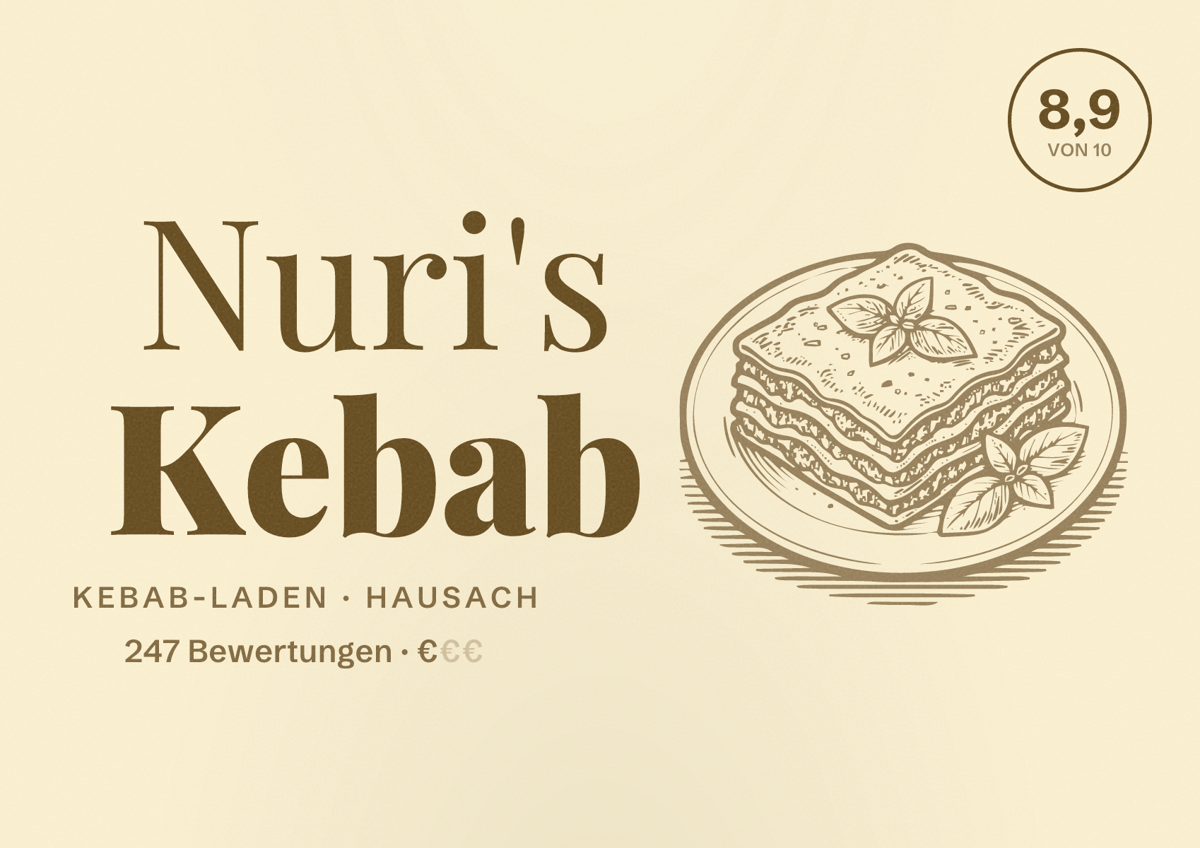 Illustriertes Poster von Nuri's Kebab, Kebab-Laden in Hausach: Bewertung 8,9 von 10 aus 247 Bewertungen, Preisniveau €
