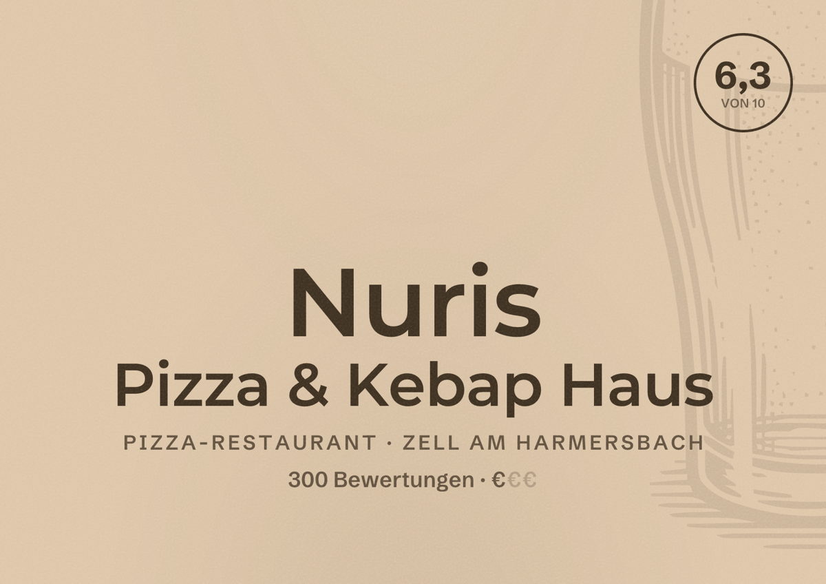 Illustriertes Poster von Nuris Pizza & Kebap Haus, Pizza-Restaurant in Zell am Harmersbach: Bewertung 6,3 von 10 aus 300 Bewertungen, Preisniveau €