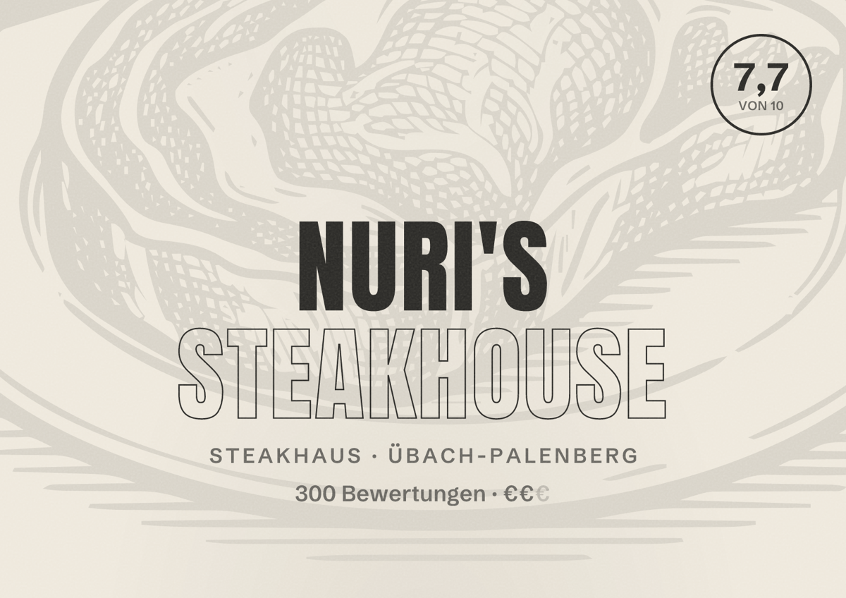 Illustriertes Poster von Nuri's Steakhouse, Steakhaus in Übach-Palenberg: Bewertung 7,7 von 10 aus 300 Bewertungen, Preisniveau €€