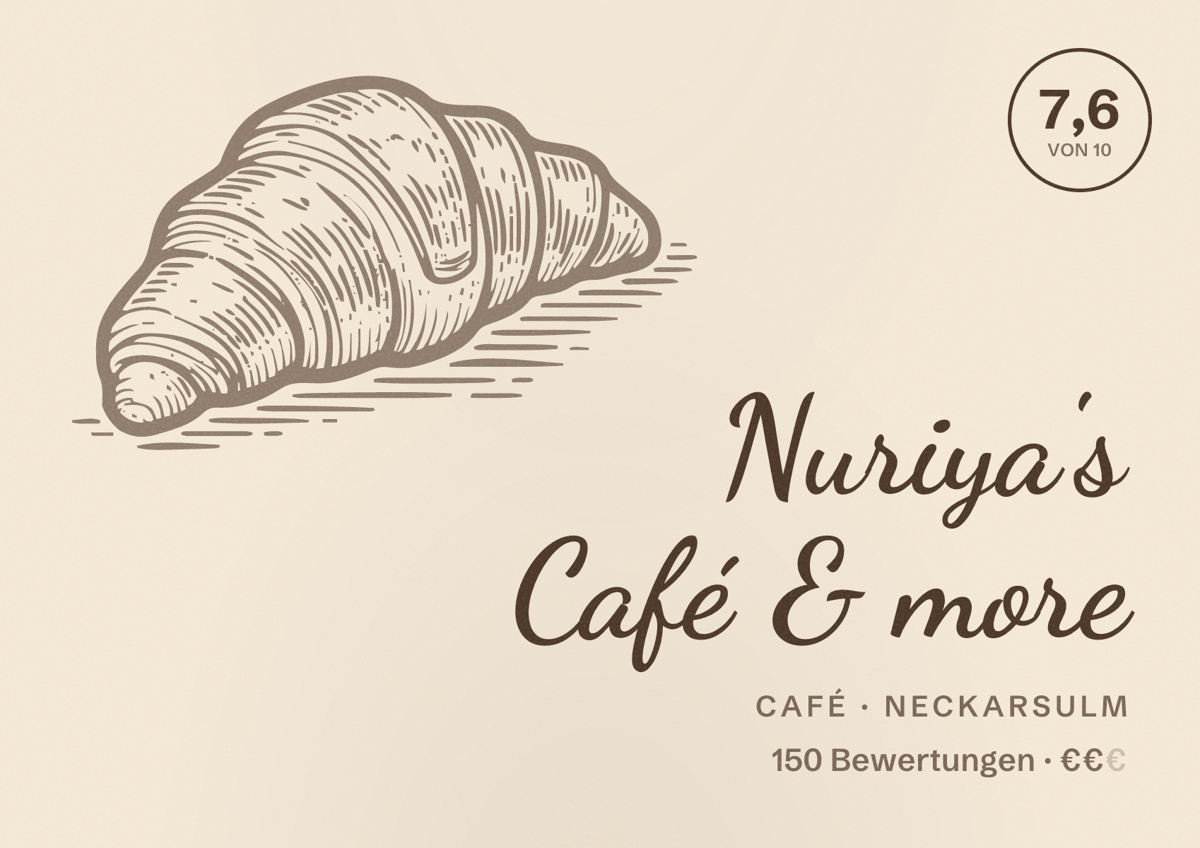 Illustriertes Poster von Nuriya's Café & more, Café in Neckarsulm: Bewertung 7,6 von 10 aus 150 Bewertungen, Preisniveau €€