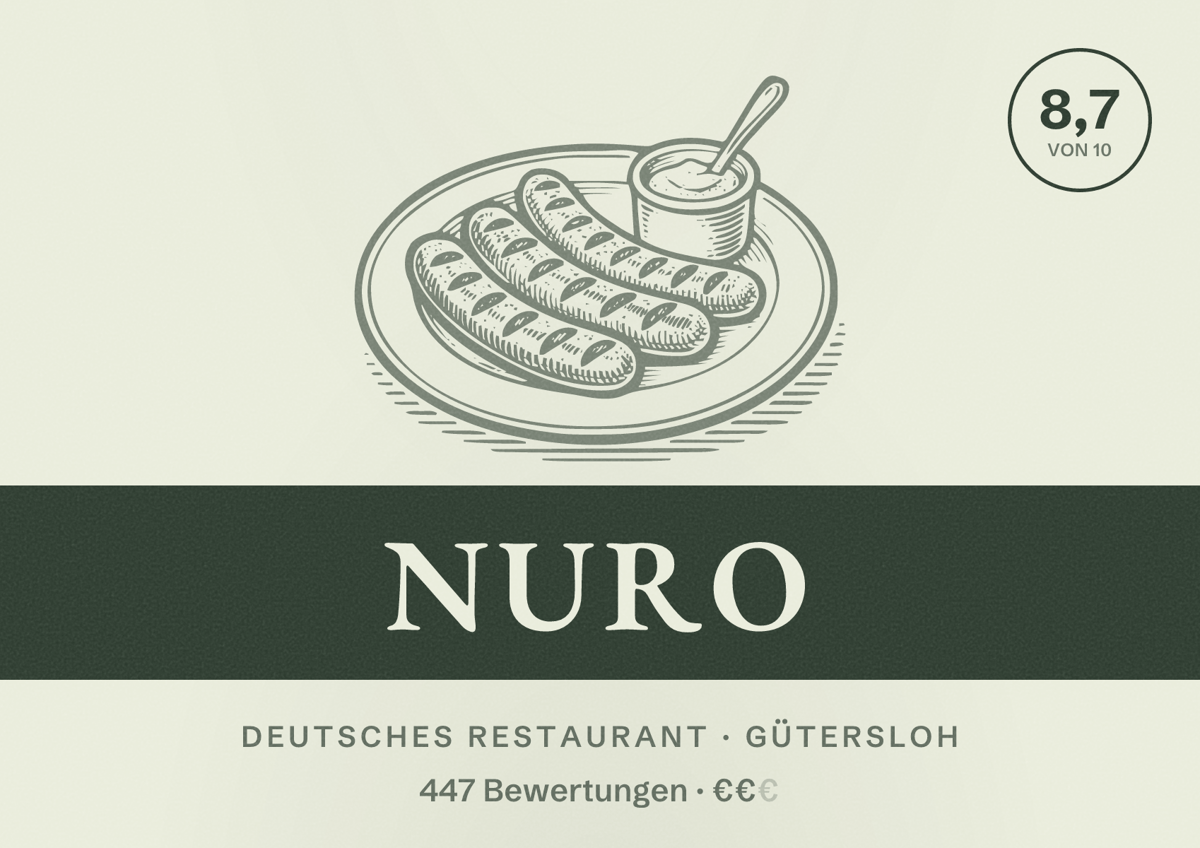 Illustriertes Poster von NURO, Deutsches Restaurant in Gütersloh: Bewertung 8,7 von 10 aus 447 Bewertungen, Preisniveau €€