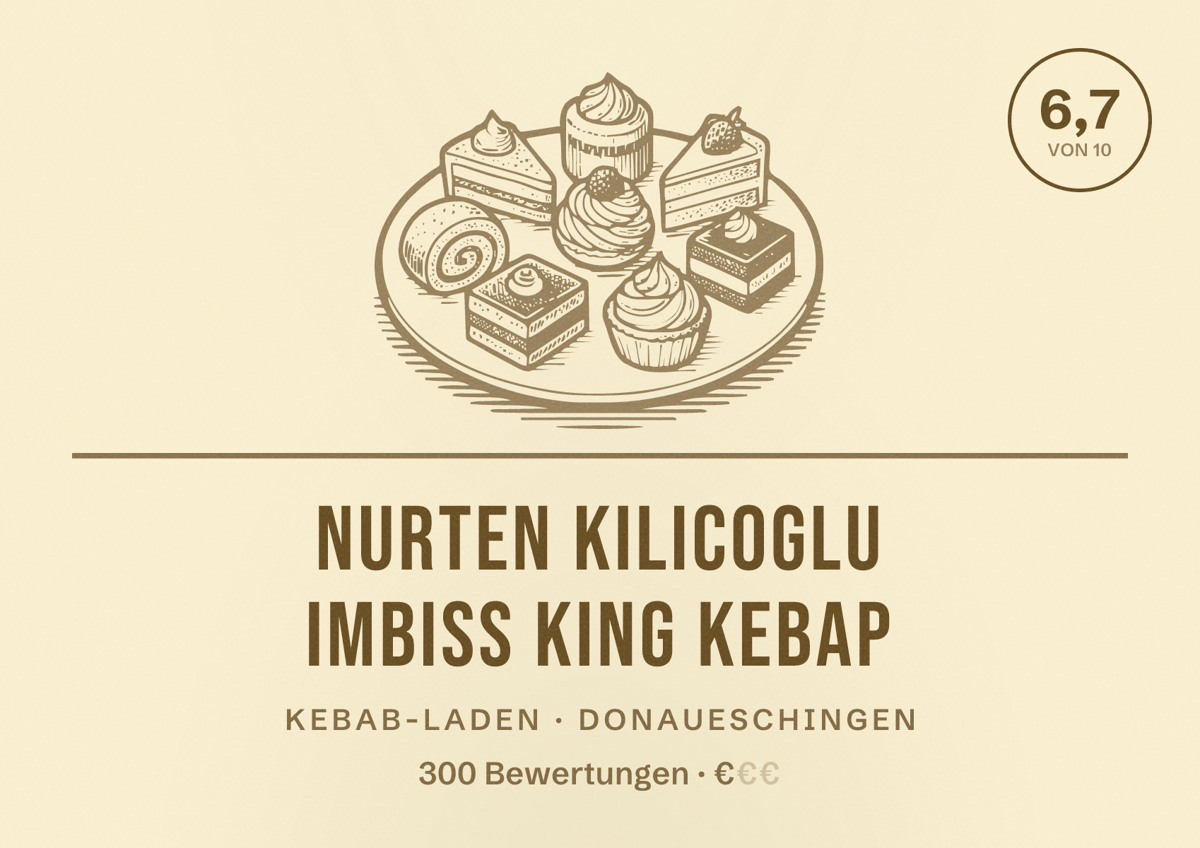 Illustriertes Poster von Nurten Kilicoglu Imbiss King Kebap, Kebab-Laden in Donaueschingen: Bewertung 6,7 von 10 aus 300 Bewertungen, Preisniveau €