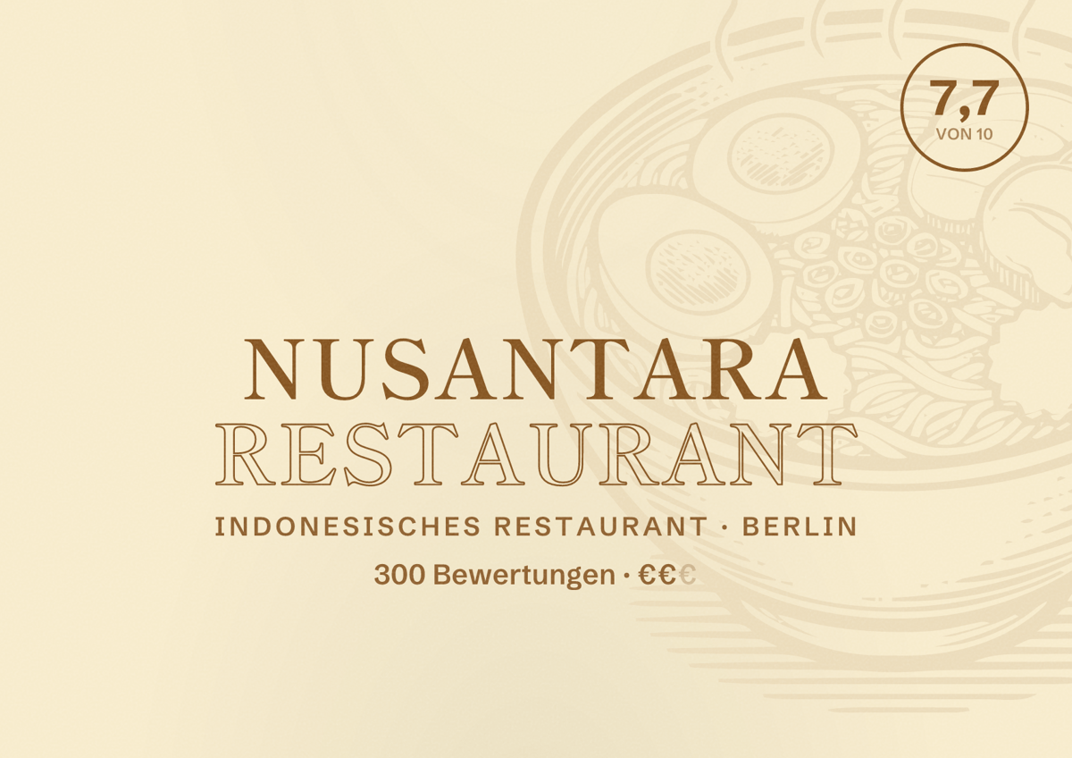 Illustriertes Poster von Nusantara Restaurant, Indonesisches Restaurant in Berlin: Bewertung 7,7 von 10 aus 300 Bewertungen, Preisniveau €€