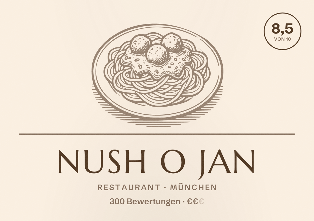 Illustriertes Poster von Nush O Jan, Restaurant in München: Bewertung 8,5 von 10 aus 300 Bewertungen, Preisniveau €€