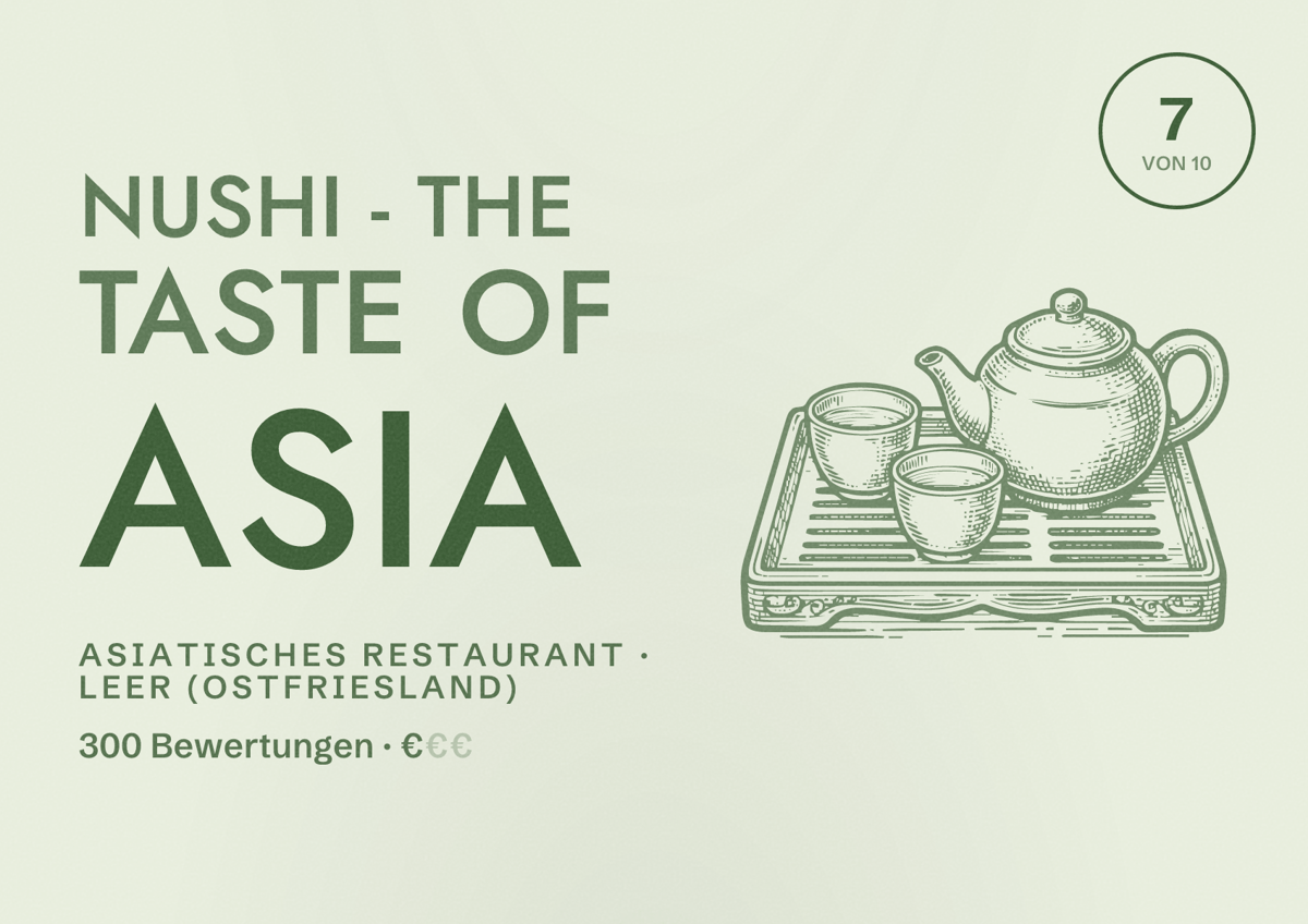 Illustriertes Poster von Nushi - the taste of Asia, Asiatisches Restaurant in Leer (Ostfriesland): Bewertung 7 von 10 aus 300 Bewertungen, Preisniveau €