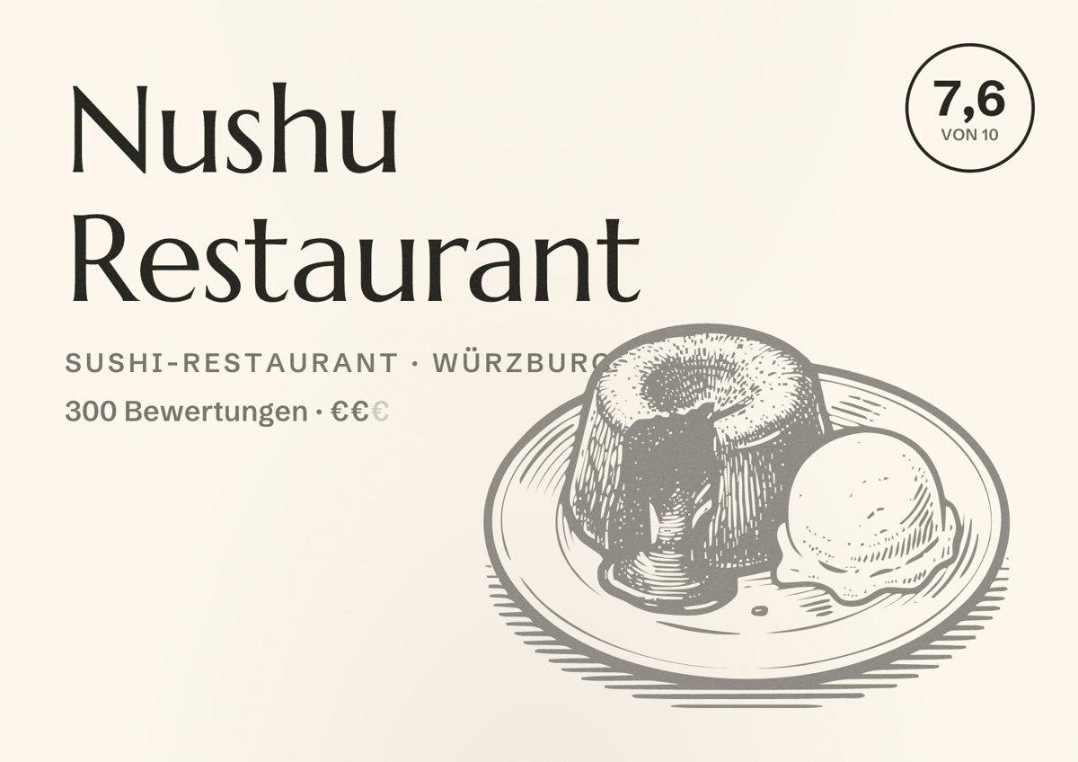 Illustriertes Poster von Nushu Restaurant, Sushi-Restaurant in Würzburg: Bewertung 7,6 von 10 aus 300 Bewertungen, Preisniveau €€