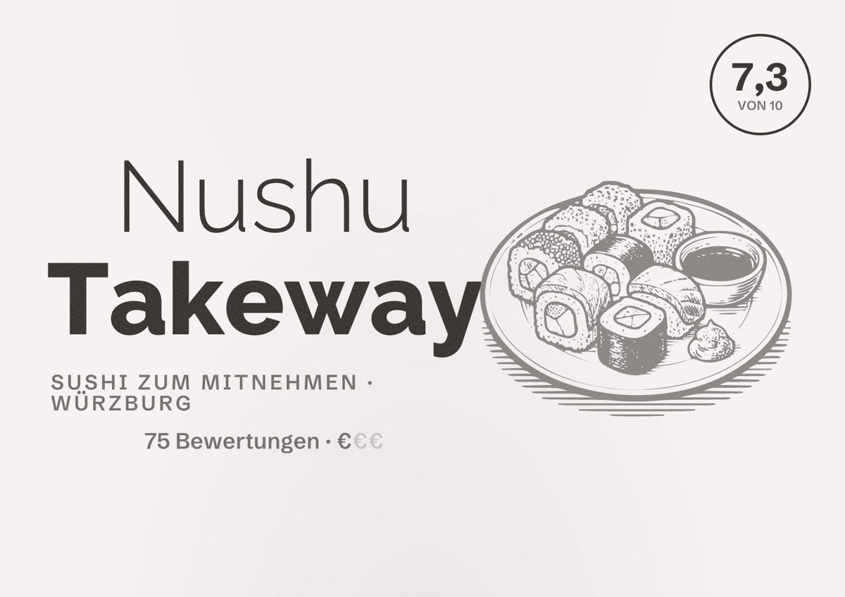 Illustriertes Poster von Nushu Takeway, Sushi zum Mitnehmen in Würzburg: Bewertung 7,3 von 10 aus 75 Bewertungen, Preisniveau €