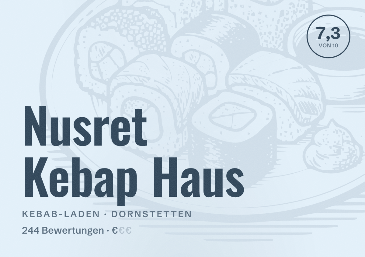 Illustriertes Poster von Nusret Kebap Haus, Kebab-Laden in Dornstetten: Bewertung 7,3 von 10 aus 244 Bewertungen, Preisniveau €