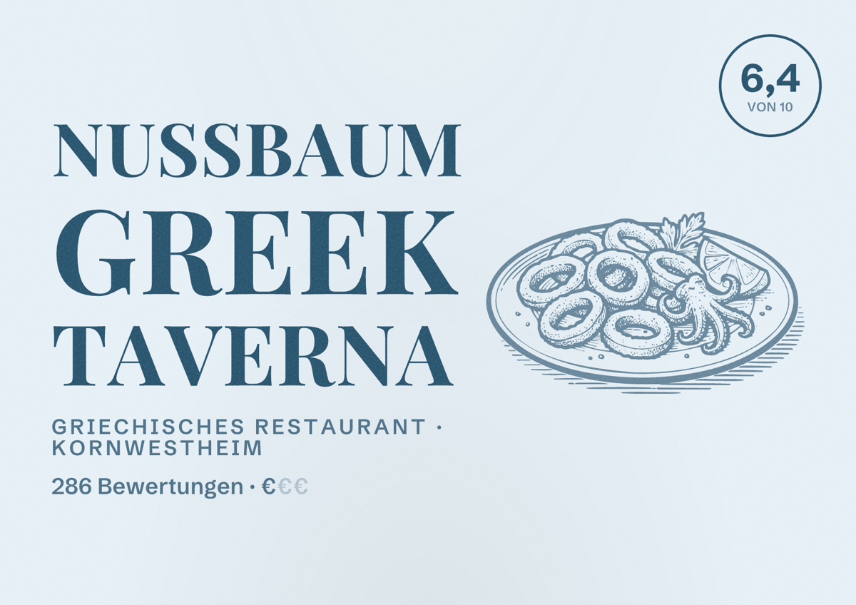 Illustriertes Poster von Nussbaum Greek Taverna, Griechisches Restaurant in Kornwestheim: Bewertung 6,4 von 10 aus 286 Bewertungen, Preisniveau €