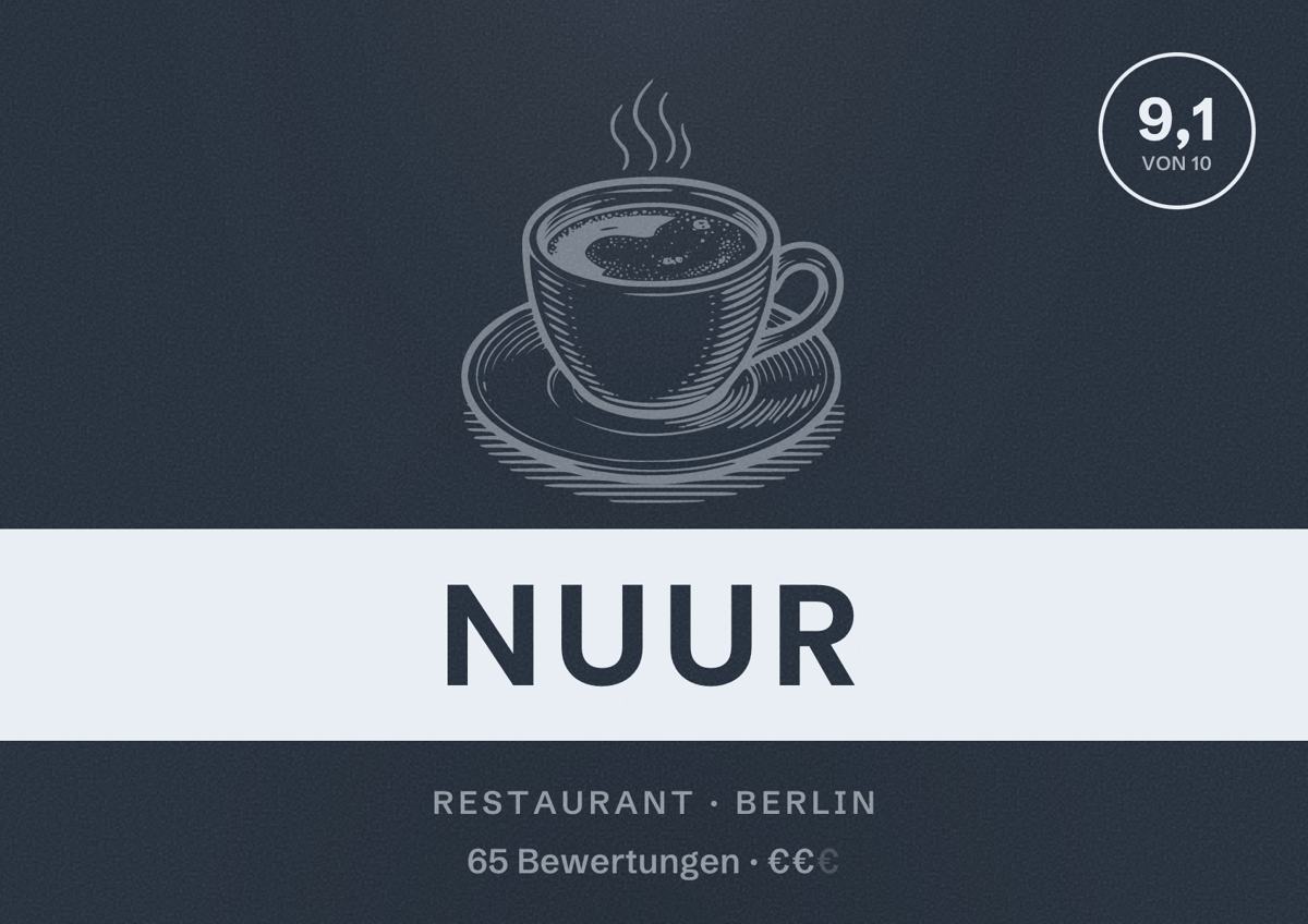 Illustriertes Poster von nuur, Restaurant in Berlin: Bewertung 9,1 von 10 aus 65 Bewertungen, Preisniveau €€