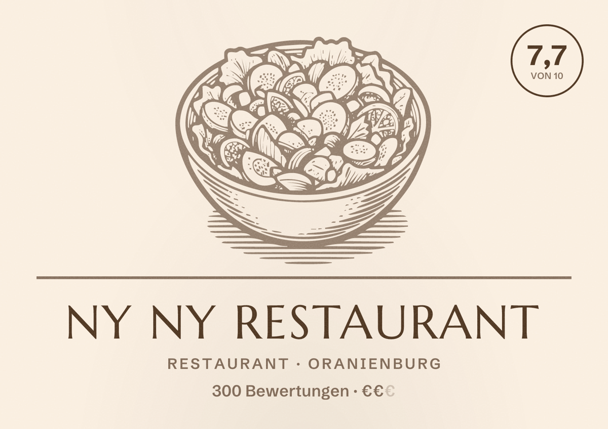 Illustriertes Poster von Ny Ny Restaurant, Restaurant in Oranienburg: Bewertung 7,7 von 10 aus 300 Bewertungen, Preisniveau €€
