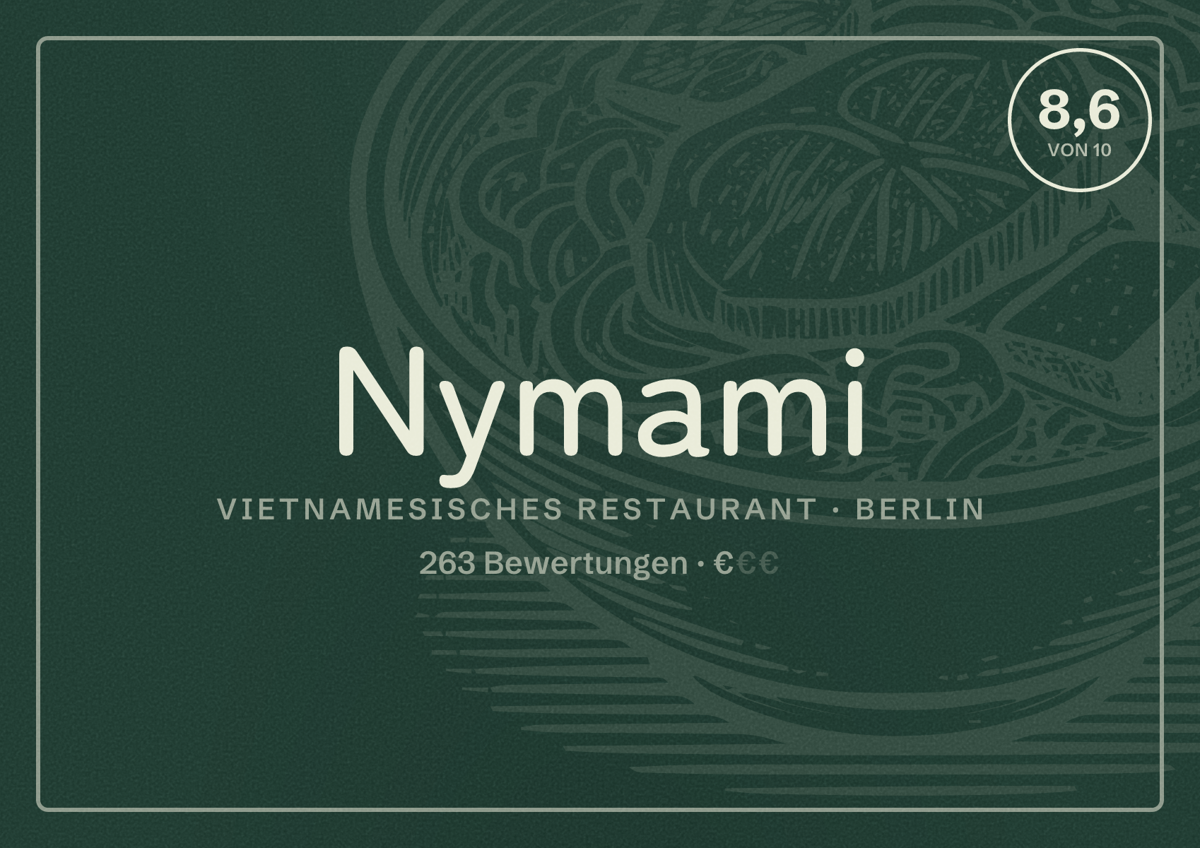Illustriertes Poster von Nymami, Vietnamesisches Restaurant in Berlin: Bewertung 8,6 von 10 aus 263 Bewertungen, Preisniveau €