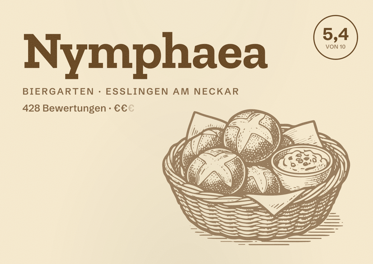 Illustriertes Poster von Nymphaea, Biergarten in Esslingen am Neckar: Bewertung 5,4 von 10 aus 428 Bewertungen, Preisniveau €€