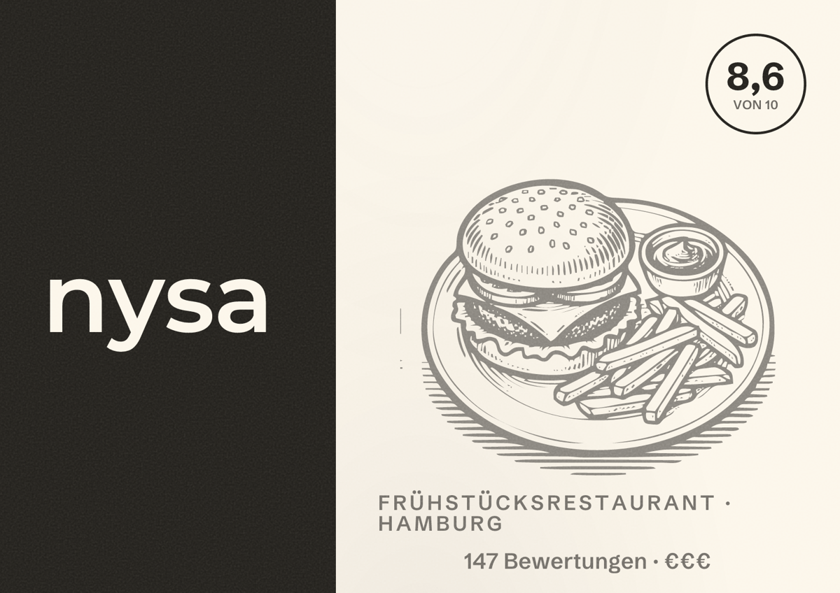 Illustriertes Poster von nysa, Frühstücksrestaurant in Hamburg: Bewertung 8,6 von 10 aus 147 Bewertungen, Preisniveau €€€