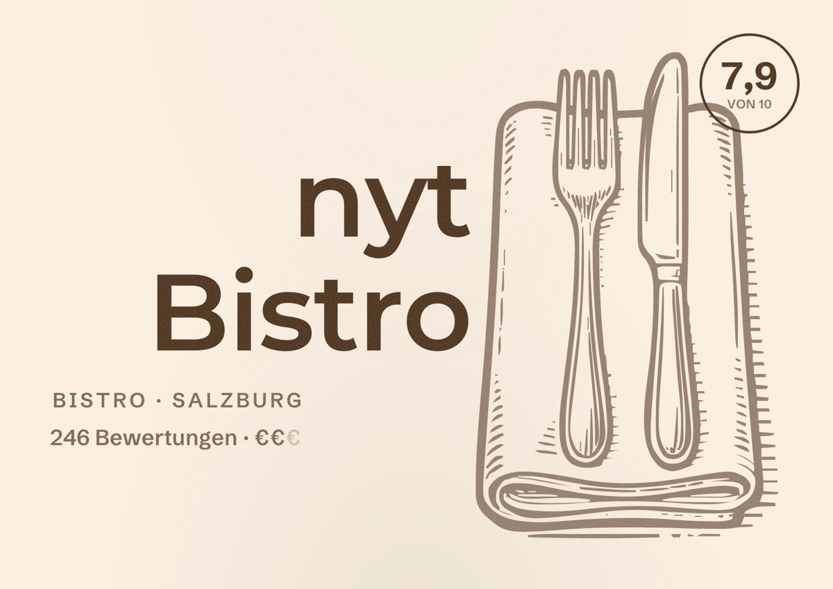 Illustriertes Poster von nyt Bistro, Bistro in Salzburg: Bewertung 7,9 von 10 aus 246 Bewertungen, Preisniveau €€