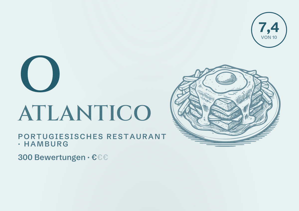Illustriertes Poster von O Atlantico, Portugiesisches Restaurant in Hamburg: Bewertung 7,4 von 10 aus 300 Bewertungen, Preisniveau €