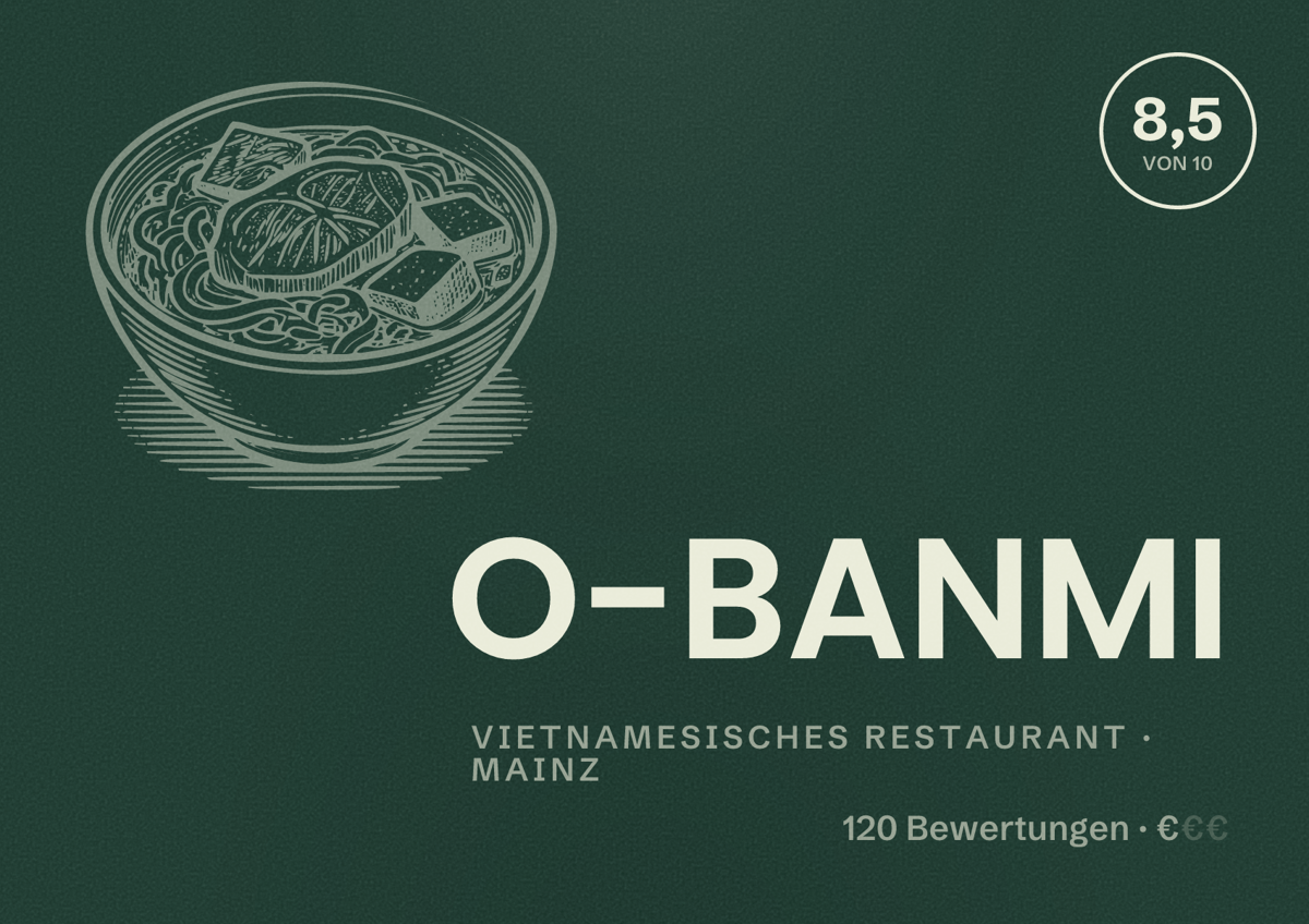 Illustriertes Poster von O-BANMI, Vietnamesisches Restaurant in Mainz: Bewertung 8,5 von 10 aus 120 Bewertungen, Preisniveau €
