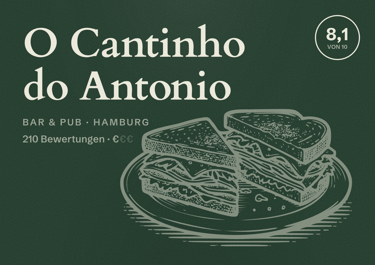 Illustriertes Poster von O Cantinho do Antonio, Bar & Pub in Hamburg: Bewertung 8,1 von 10 aus 210 Bewertungen, Preisniveau €