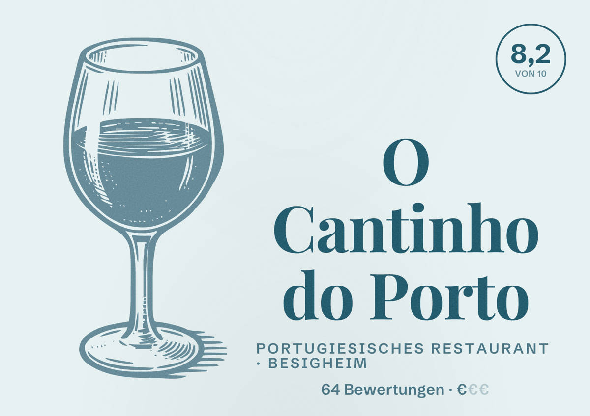 Illustriertes Poster von O Cantinho do Porto, Portugiesisches Restaurant in Besigheim: Bewertung 8,2 von 10 aus 64 Bewertungen, Preisniveau €
