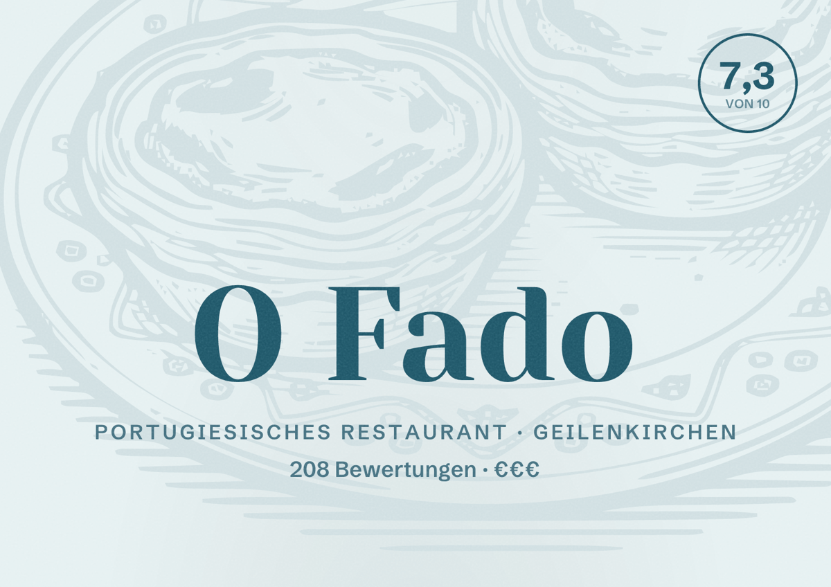 Illustriertes Poster von O Fado, Portugiesisches Restaurant in Geilenkirchen: Bewertung 7,3 von 10 aus 208 Bewertungen, Preisniveau €€€