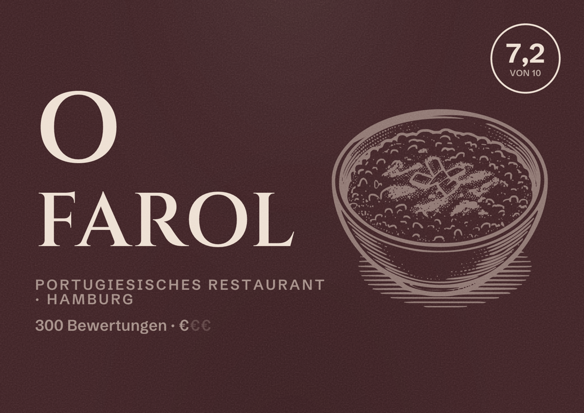 Illustriertes Poster von O Farol, Portugiesisches Restaurant in Hamburg: Bewertung 7,2 von 10 aus 300 Bewertungen, Preisniveau €