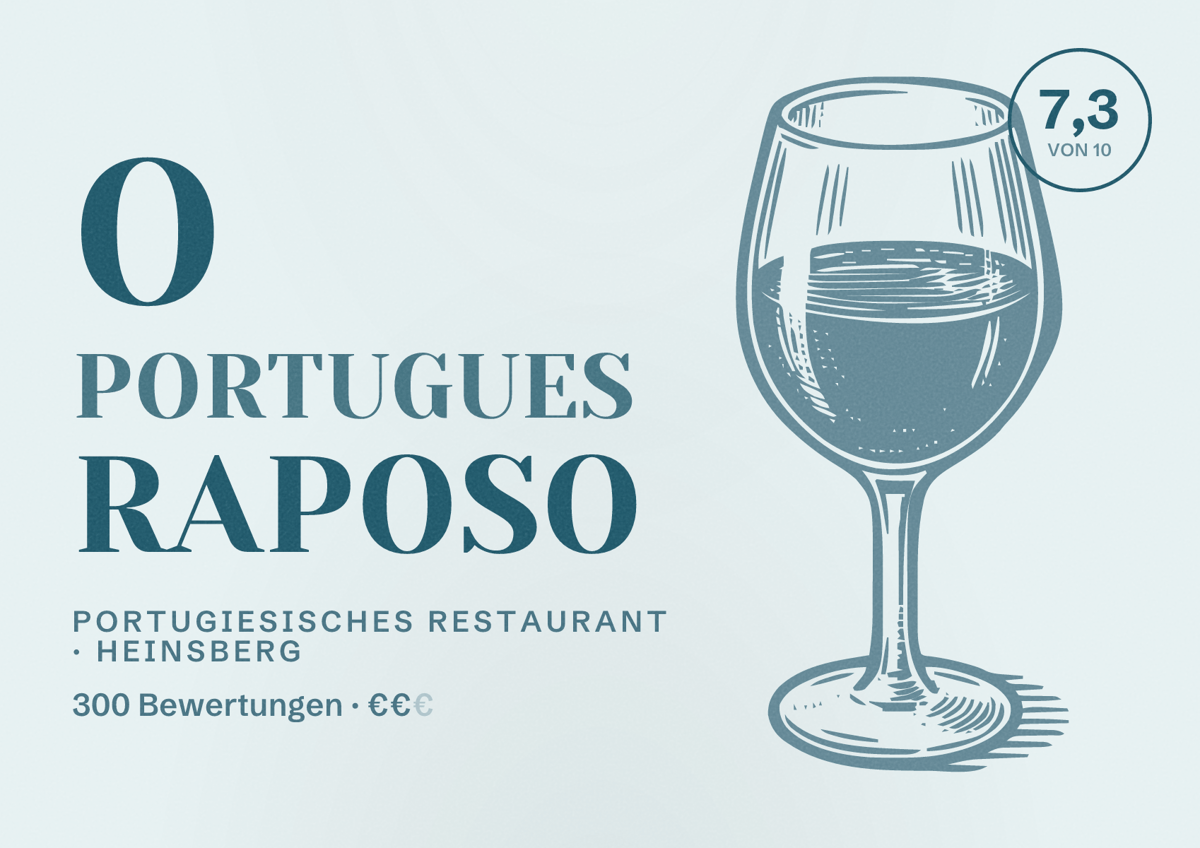 Illustriertes Poster von O Portugues Raposo, Portugiesisches Restaurant in Heinsberg: Bewertung 7,3 von 10 aus 300 Bewertungen, Preisniveau €€