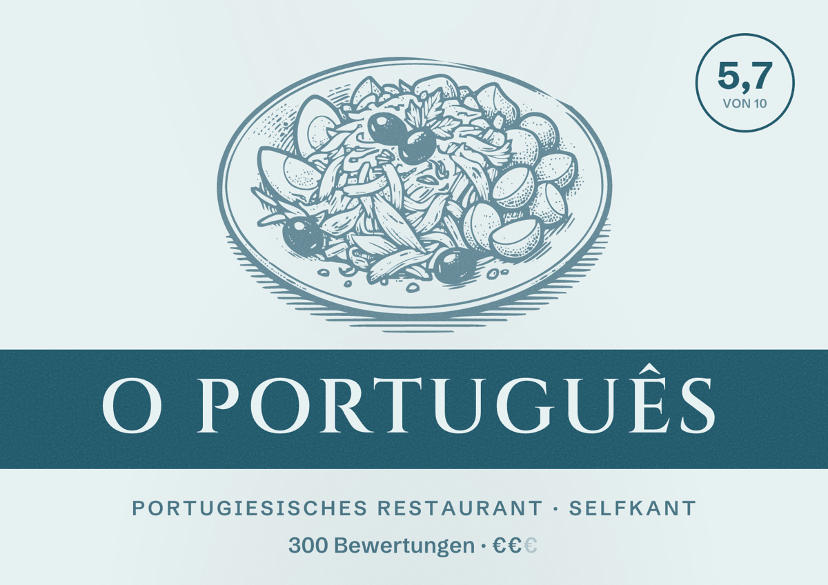 Illustriertes Poster von O Português, Portugiesisches Restaurant in Selfkant: Bewertung 5,7 von 10 aus 300 Bewertungen, Preisniveau €€